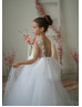 Beaded White Lace Tulle Sheer Back Flower Girl Dress